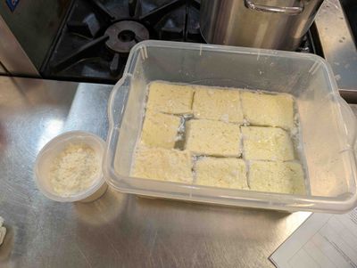Photo of raw halloumi in a brine solution with ricotta in a cup beside