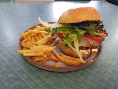 A photo of a delicious looking burger with shoestring fries on the side